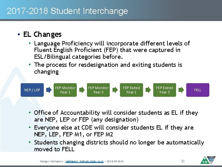 2017 -2018 Student Interchange • EL Changes • Language Proficiency will incorporate different levels
