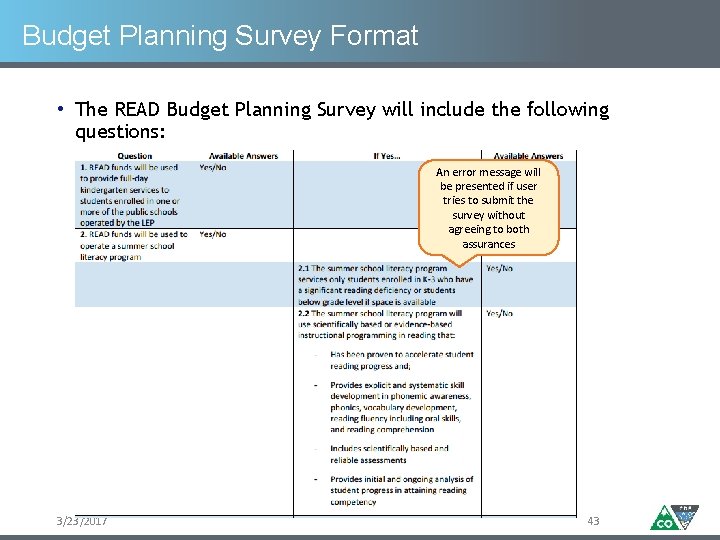 Budget Planning Survey Format • The READ Budget Planning Survey will include the following
