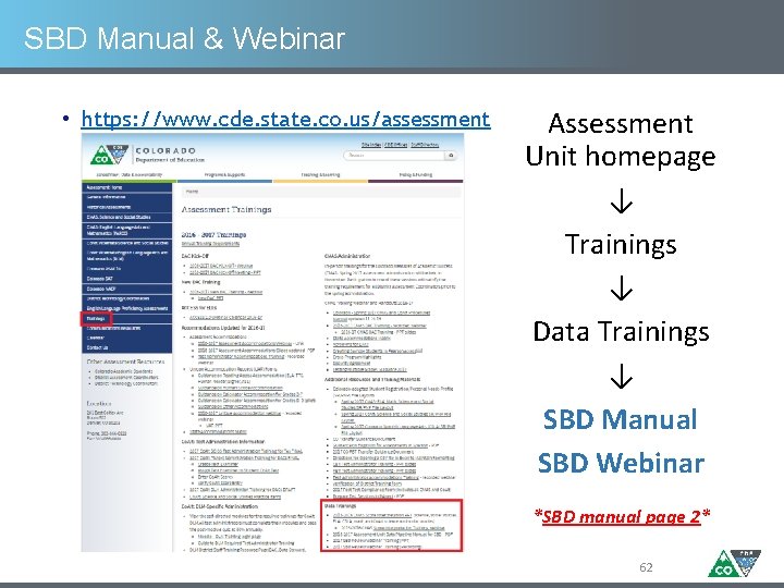 SBD Manual & Webinar • https: //www. cde. state. co. us/assessment Assessment Unit homepage