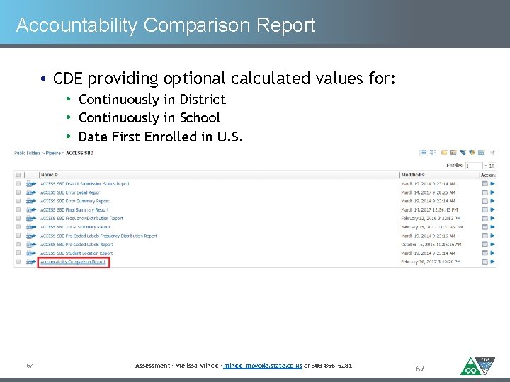 Accountability Comparison Report • CDE providing optional calculated values for: • Continuously in District