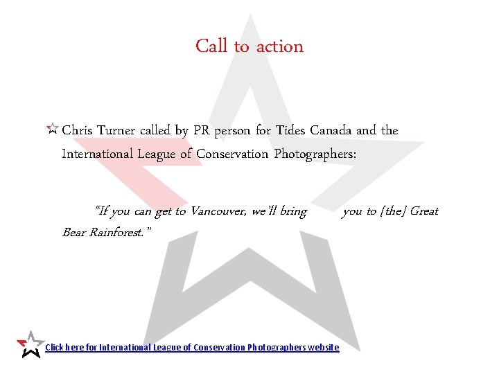 Call to action Chris Turner called by PR person for Tides Canada and the