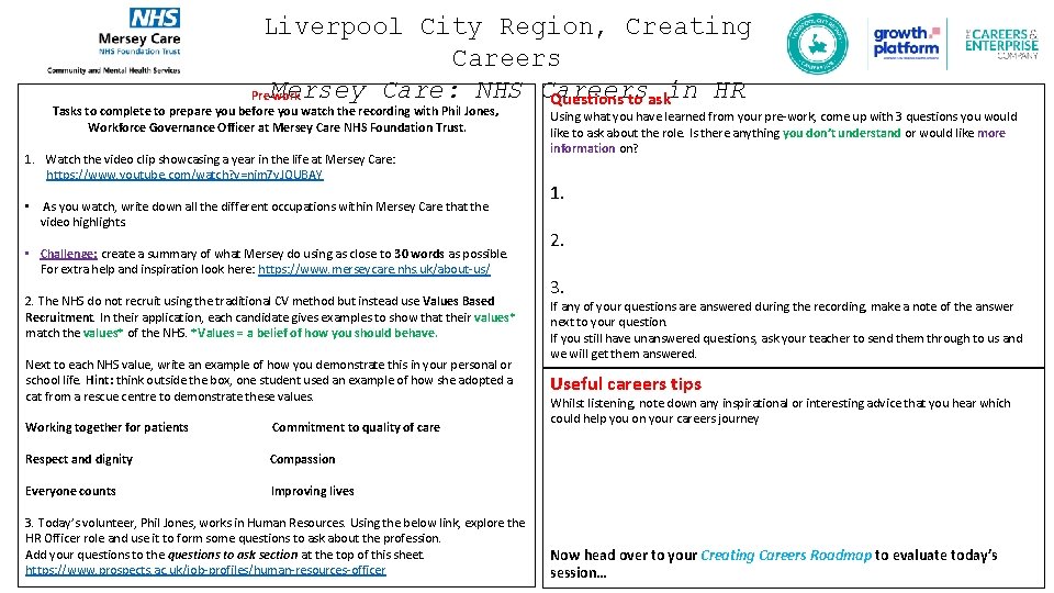 Liverpool City Region, Creating Careers Care: NHS Careers Pre Mersey work Questions to askin