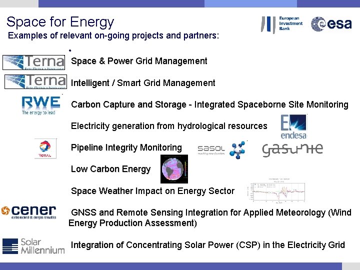 Space for Energy Examples of relevant on-going projects and partners: • Space & Power