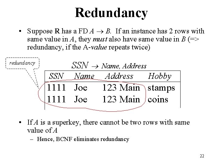 Redundancy • Suppose R has a FD A B. If an instance has 2