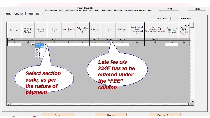 Select section code, as per the nature of payment Late fee u/s 234 E