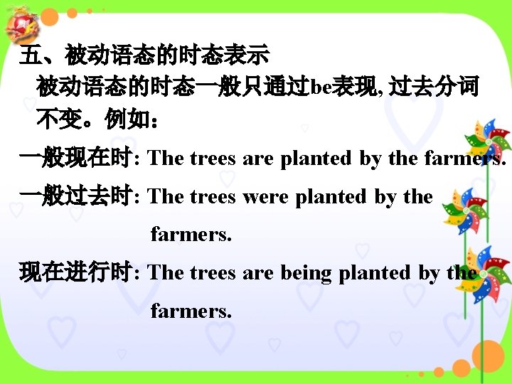 五、被动语态的时态表示 被动语态的时态一般只通过be表现, 过去分词 不变。例如： 一般现在时: The trees are planted by the farmers. 一般过去时: The