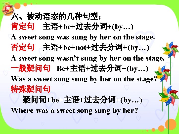 六、被动语态的几种句型： 肯定句 主语+be+过去分词+(by…) A sweet song was sung by her on the stage. 否定句