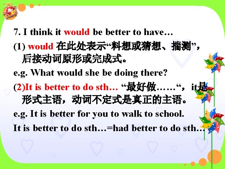 7. I think it would be better to have… (1) would 在此处表示“料想或猜想、揣测”， 后接动词原形或完成式。 e.