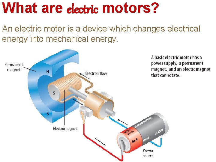 What are electric motors? An electric motor is a device which changes electrical energy