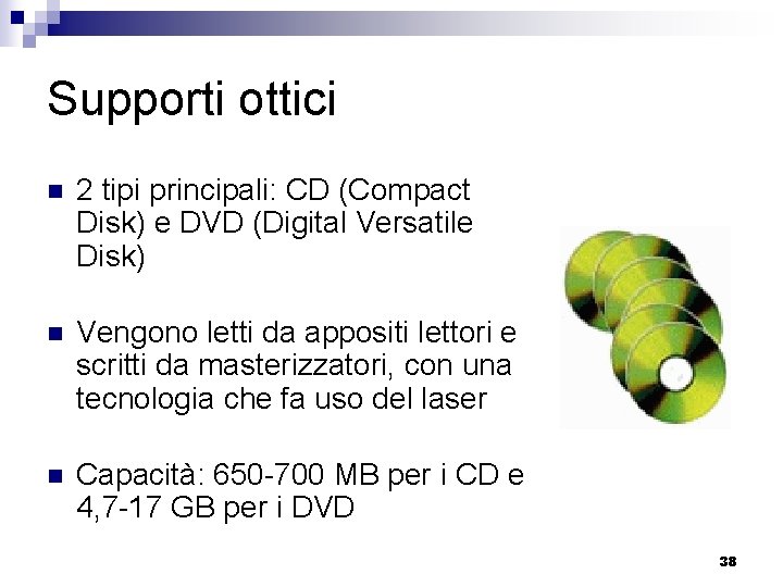 Supporti ottici n 2 tipi principali: CD (Compact Disk) e DVD (Digital Versatile Disk)