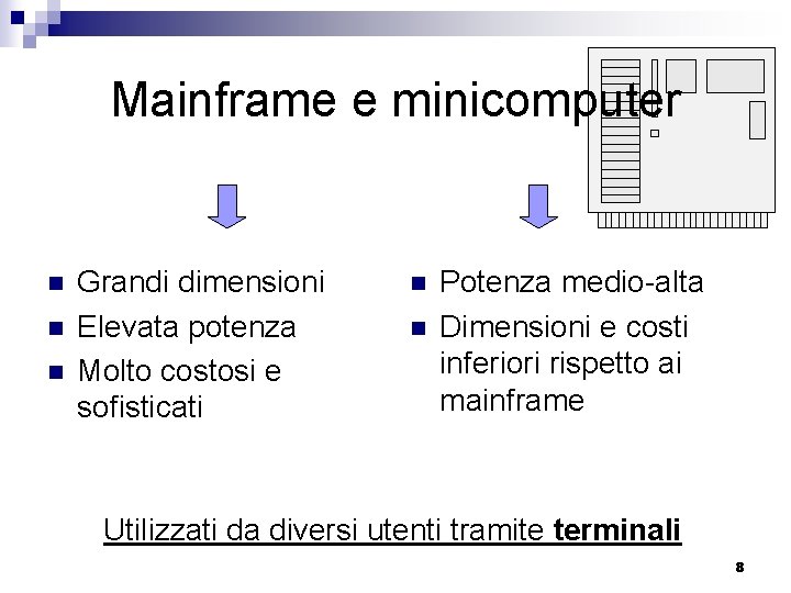 Mainframe e minicomputer n n n Grandi dimensioni Elevata potenza Molto costosi e sofisticati