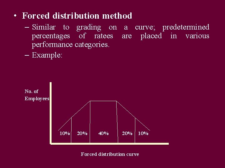  • Forced distribution method – Similar to grading on a curve; predetermined percentages