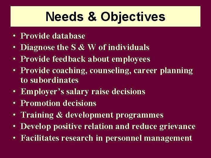 Needs & Objectives • • • Provide database Diagnose the S & W of