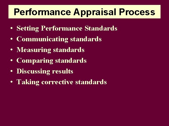 Performance Appraisal Process • • • Setting Performance Standards Communicating standards Measuring standards Comparing