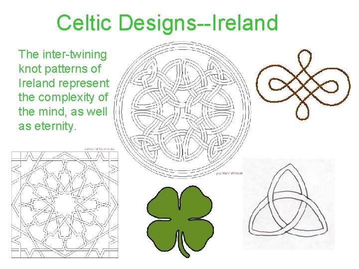 Celtic Designs--Ireland The inter-twining knot patterns of Ireland represent the complexity of the mind,