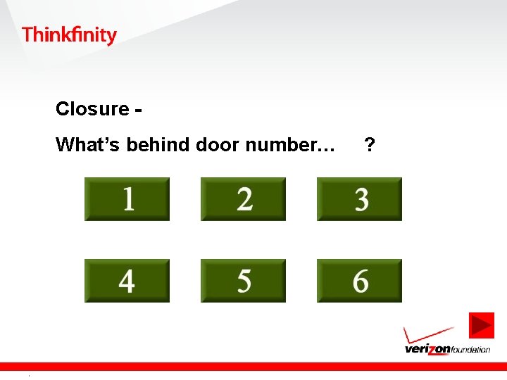 Closure What’s behind door number… 1 Confidential and proprietary material for authorized Verizon Foundation