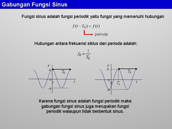 Gabungan Fungsi Sinus Fungsi sinus adalah fungsi periodik yaitu fungsi yang memenuhi hubungan perioda Gabungan Fungsi Sinus Fungsi sinus adalah fungsi periodik yaitu fungsi yang memenuhi hubungan perioda