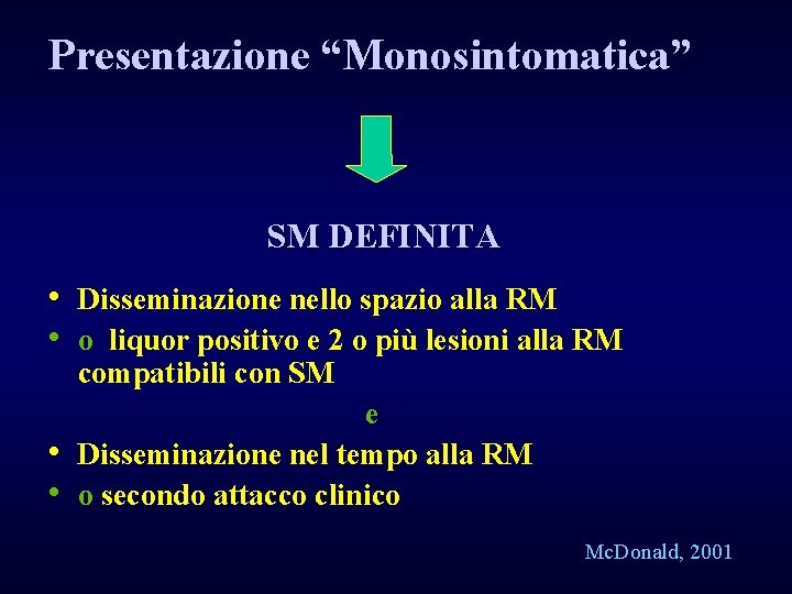 Presentazione “Monosintomatica” SM DEFINITA • Disseminazione nello spazio alla RM • o liquor positivo