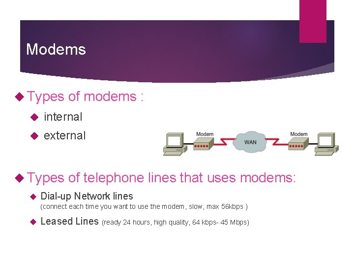Modems Types of modems : internal external Types of telephone lines that uses modems: