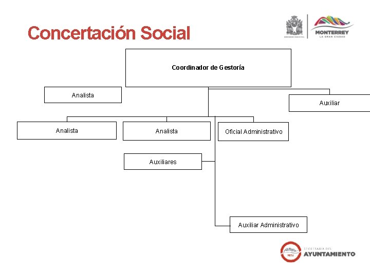 Concertación Social Coordinador de Gestoría Analista Auxiliar Analista Oficial Administrativo Auxiliares Auxiliar Administrativo 