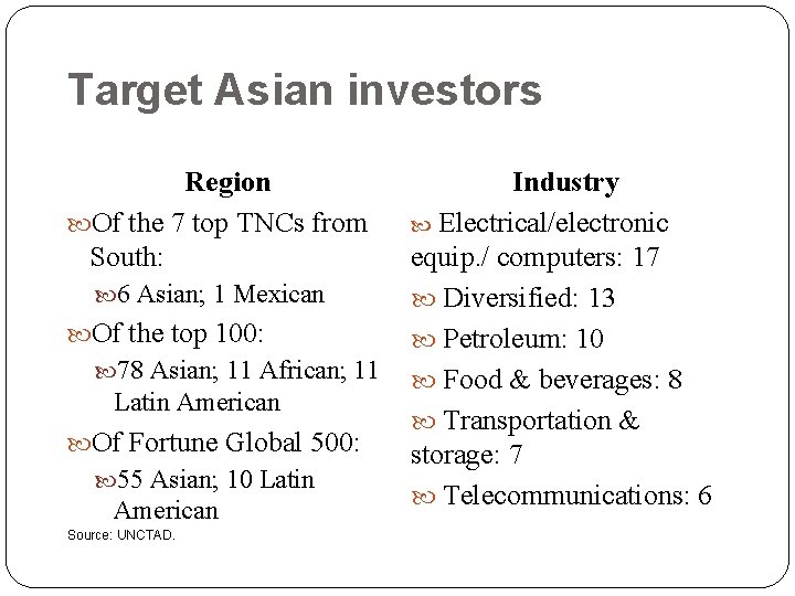 Target Asian investors Region Of the 7 top TNCs from South: 6 Asian; 1