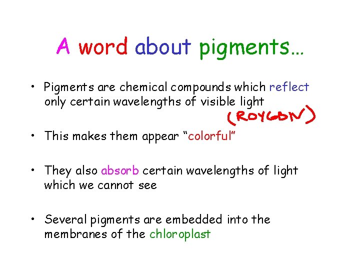 A word about pigments… • Pigments are chemical compounds which reflect only certain wavelengths