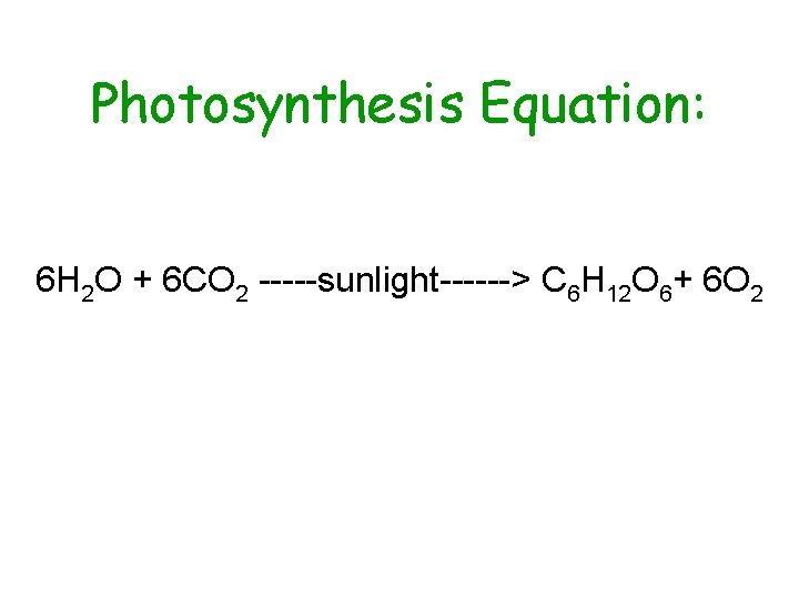 Photosynthesis Equation: 6 H 2 O + 6 CO 2 -----sunlight------> C 6 H