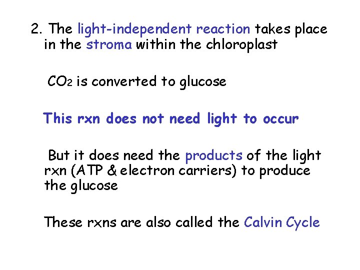2. The light-independent reaction takes place in the stroma within the chloroplast CO 2