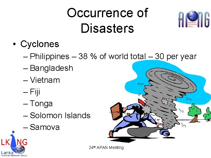 Occurrence of Disasters • Cyclones – Philippines – 38 % of world total –