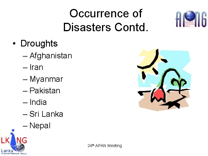 Occurrence of Disasters Contd. • Droughts – Afghanistan – Iran – Myanmar – Pakistan