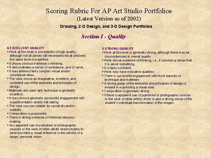 Scoring Rubric For AP Art Studio Portfolios (Latest Version as of 2002) Drawing, 2