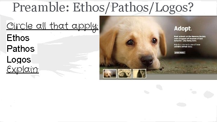 Preamble: Ethos/Pathos/Logos? Circle all that apply: Ethos Pathos Logos Explain: 