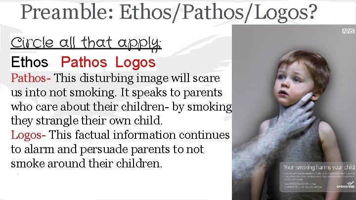 Preamble: Ethos/Pathos/Logos? Circle all that apply: Ethos Pathos Logos Pathos- This disturbing image will