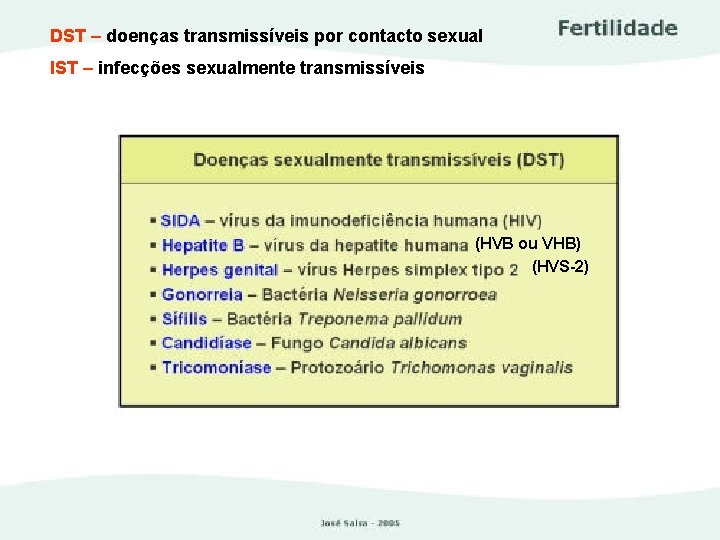 DST – doenças transmissíveis por contacto sexual IST – infecções sexualmente transmissíveis (HVB ou