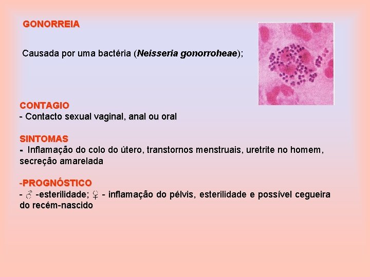 GONORREIA Causada por uma bactéria (Neisseria gonorroheae); CONTAGIO - Contacto sexual vaginal, anal ou