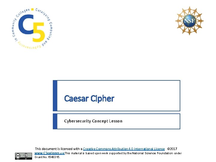 Caesar Cipher Cybersecurity Concept Lesson This document is licensed with a Creative Commons Attribution
