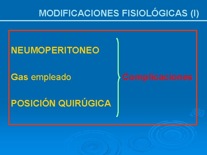 MODIFICACIONES FISIOLÓGICAS (I) NEUMOPERITONEO Gas empleado POSICIÓN QUIRÚGICA Complicaciones 