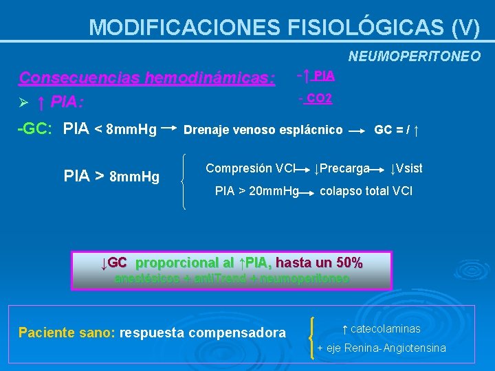 MODIFICACIONES FISIOLÓGICAS (V) NEUMOPERITONEO Consecuencias hemodinámicas: Ø ↑ PIA: -GC: PIA < 8 mm.