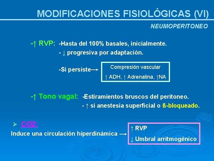 MODIFICACIONES FISIOLÓGICAS (VI) NEUMOPERITONEO -↑ RVP: -Hasta del 100% basales, inicialmente. - ↓ progresiva