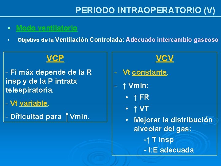 PERIODO INTRAOPERATORIO (V) § Modo ventilatorio • Objetivo de la Ventilación Controlada: Adecuado intercambio