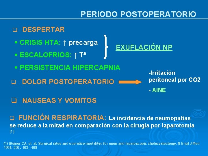 PERIODO POSTOPERATORIO q DESPERTAR § CRISIS HTA: ↑ precarga § ESCALOFRIOS: ↑ Tª EXUFLACIÓN