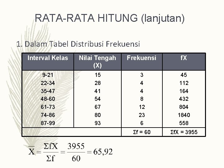 RATA-RATA HITUNG (lanjutan) 1. Dalam Tabel Distribusi Frekuensi Interval Kelas Nilai Tengah (X) Frekuensi