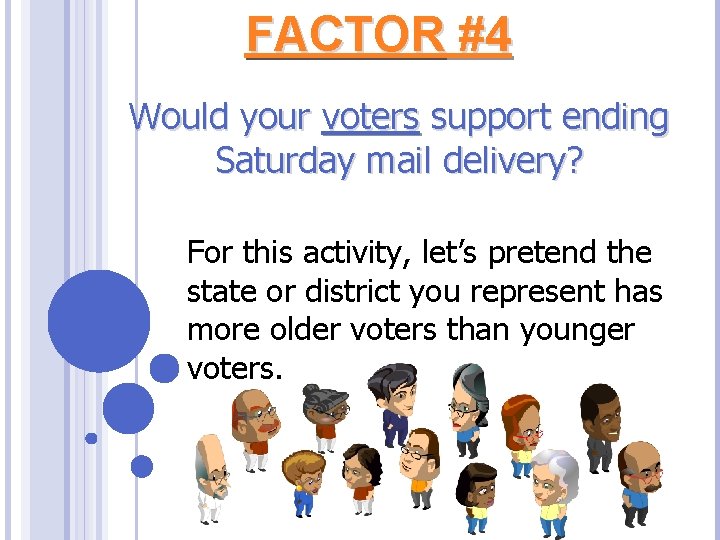 FACTOR #4 Would your voters support ending Saturday mail delivery? For this activity, let’s