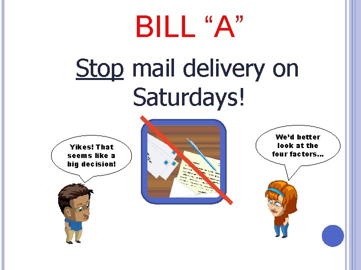 BILL “A” Stop mail delivery on Saturdays! Yikes! That seems like a big decision!