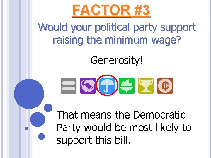 FACTOR #3 Would your political party support raising the minimum wage? Generosity! That means