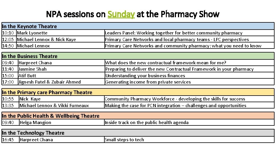 NPA sessions on Sunday at the Pharmacy Show In the Keynote Theatre 10: 10