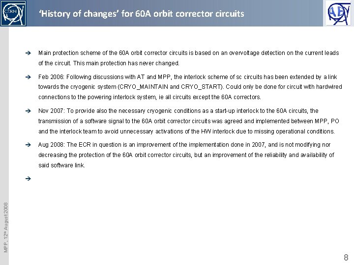 ‘History of changes’ for 60 A orbit corrector circuits è Main protection scheme of