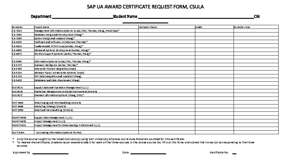 SAP UA AWARD CERTIFICATE REQUEST FORM, CSULA Department Student Name Semester CIS 3010 CIS