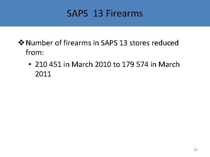 SAPS 13 Firearms v Number of firearms in SAPS 13 stores reduced from: •