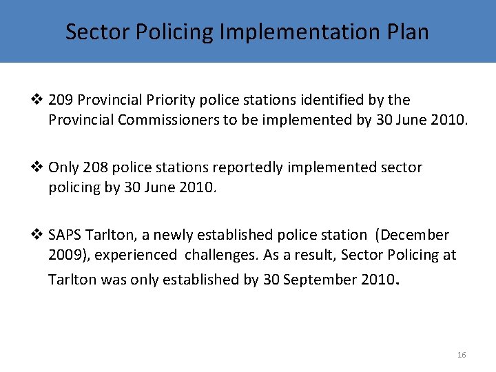 Sector Policing Implementation Plan v 209 Provincial Priority police stations identified by the Provincial